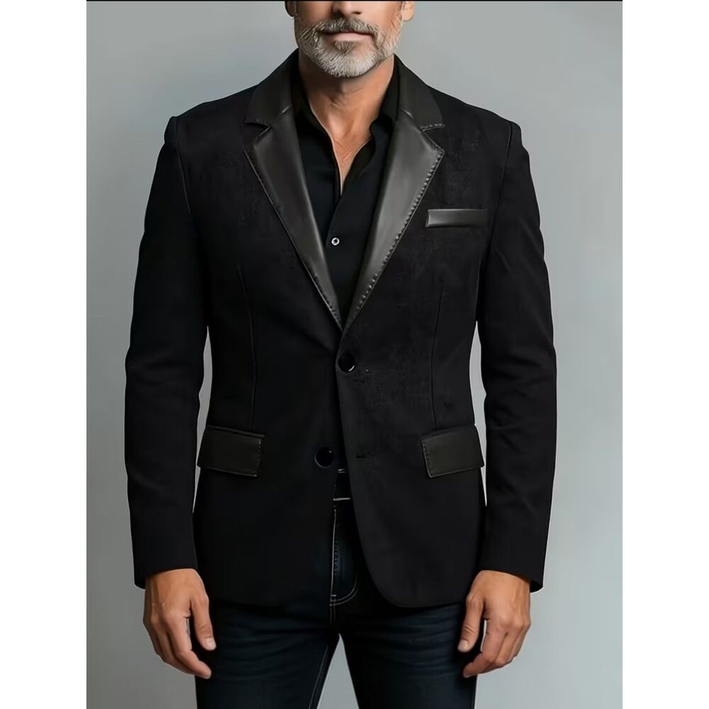 Men's Black Faux Suede Look Blazer Faux Leather Trim 2 Button Size M